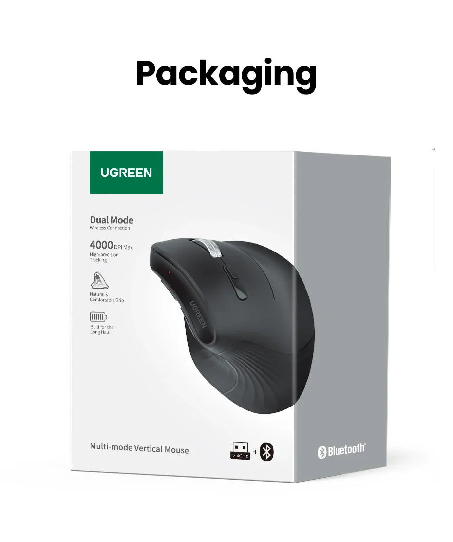 Wireless ergonomic computer mouse in retail packaging.