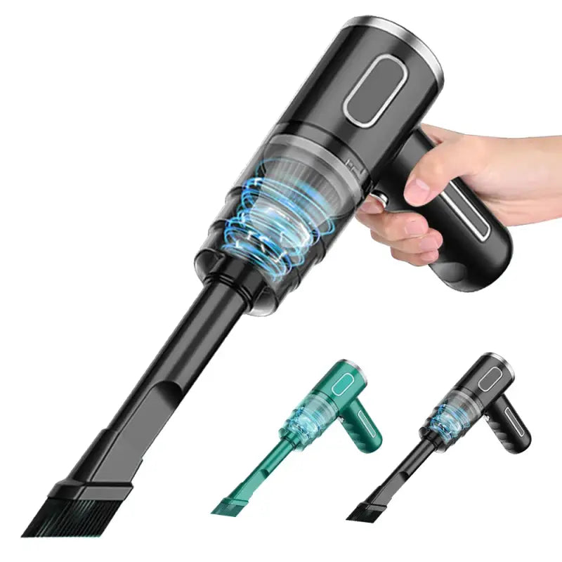 a hand held vacuum cleaner with a blue light