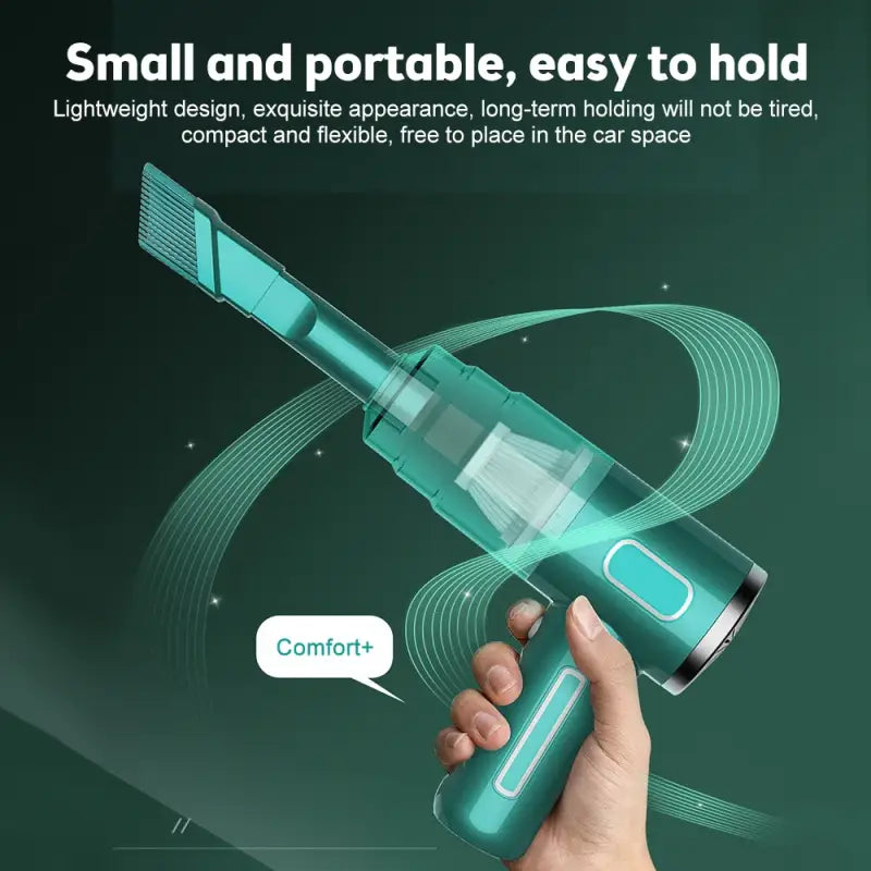a hand holding a green portable device with a small device attached to it