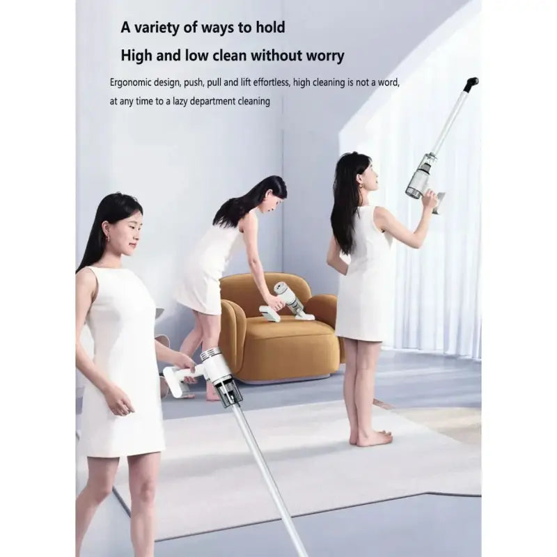 a woman in white dress holding a vacuum brush