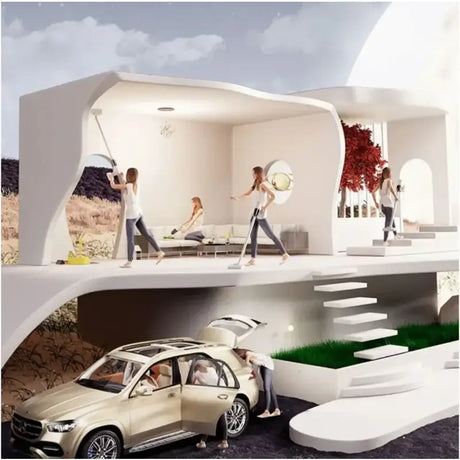 a rendering of a house with a car in the middle