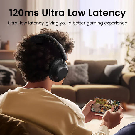 Wireless gaming headphones with ’120ms Ultra Low Latency’ text above.