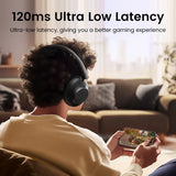 Wireless gaming headphones with ’120ms Ultra Low Latency’ text above.