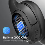 Wireless headphones with a built-in QCC chip visible through a transparent section.