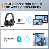 Wireless headphones with dual connection options via USB dongle and Bluetooth 5.0.