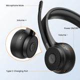 Wireless headphones with labeled features including microphone mute, volume controls, power button, and charging port.