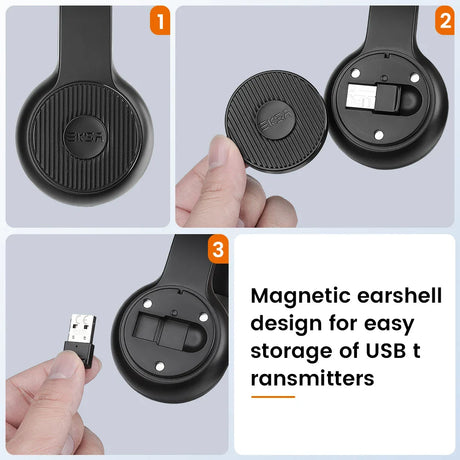 Wireless headphones with a magnetic earshell design for storing USB transmitters.