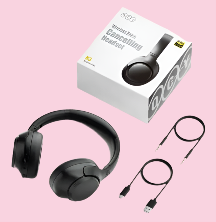 Wireless noise-cancelling headphones with their product box and charging cables.