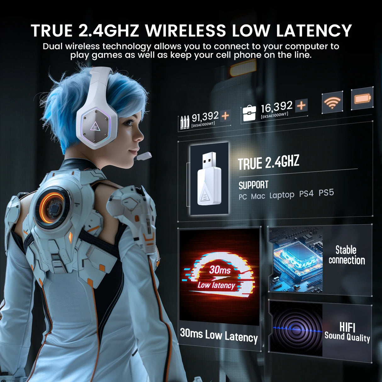 Wireless gaming headset with low latency and dual connectivity features.