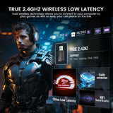 Wireless gaming headset with low latency and dual connectivity features.