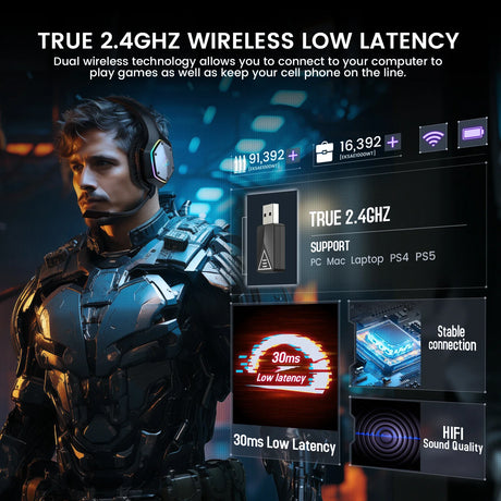 Wireless gaming headset with low latency and dual connectivity features.