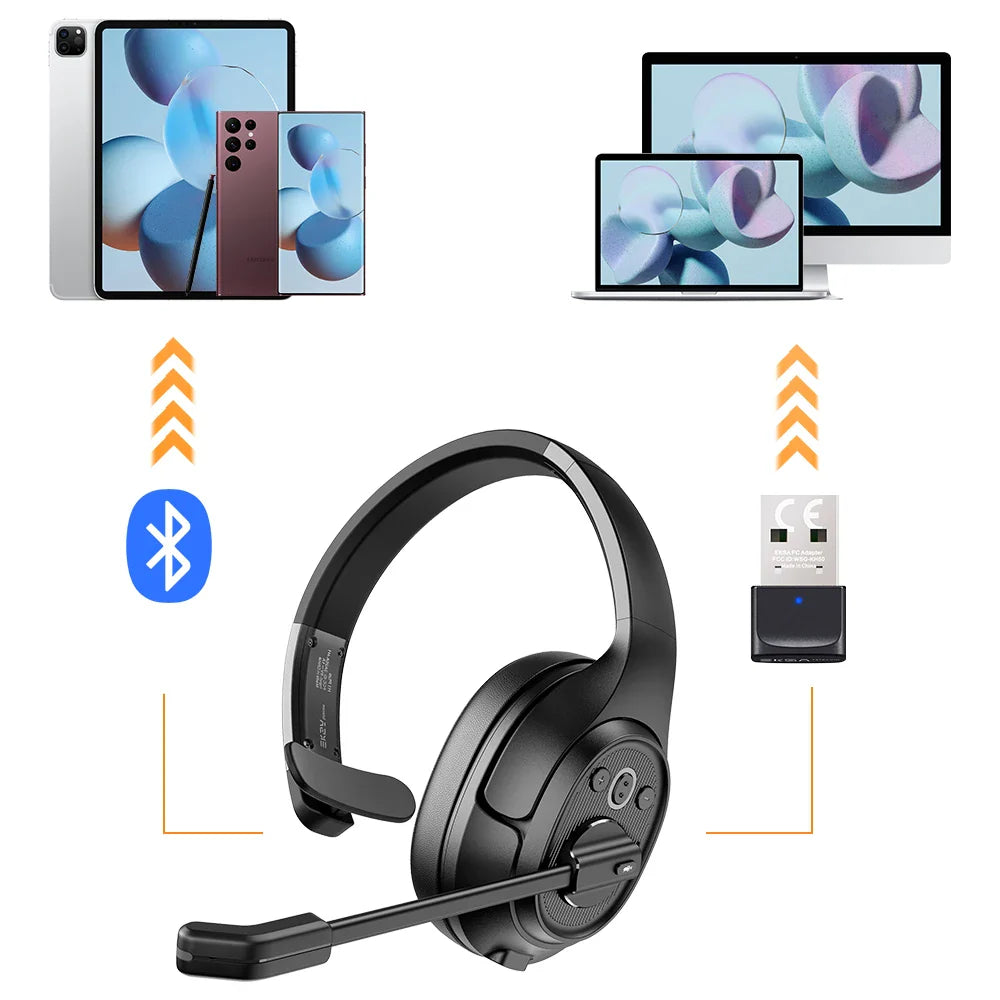 Wireless headset with a microphone boom attached.