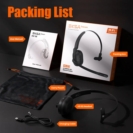 Wireless headset with microphone boom displayed alongside its packaging and accessories.