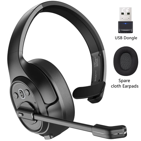 Wireless headset with microphone and control buttons on the ear cup.