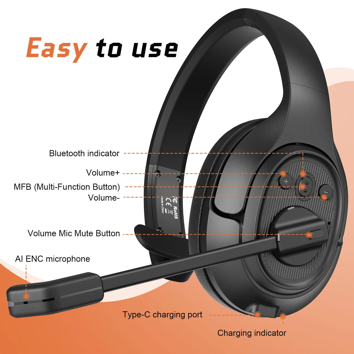 EKSA Wireless Bluetooth 5.0 Headphones with Mic - ENC TWS Noise Cancelling HiFi Stereo Dynamic Headset