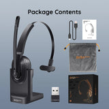 Wireless headset with microphone and charging stand.