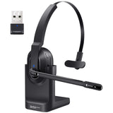 Wireless headset with microphone and charging stand.