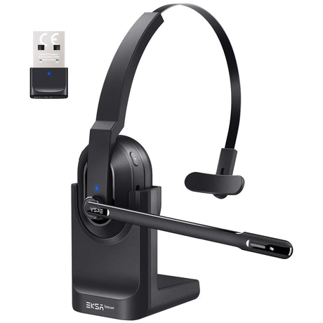 Wireless headset with microphone and charging stand.