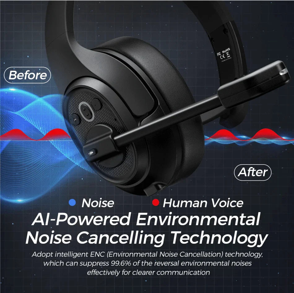 Wireless gaming headset with a microphone and noise-cancelling technology.