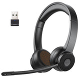 Wireless headset with microphone and USB dongle.