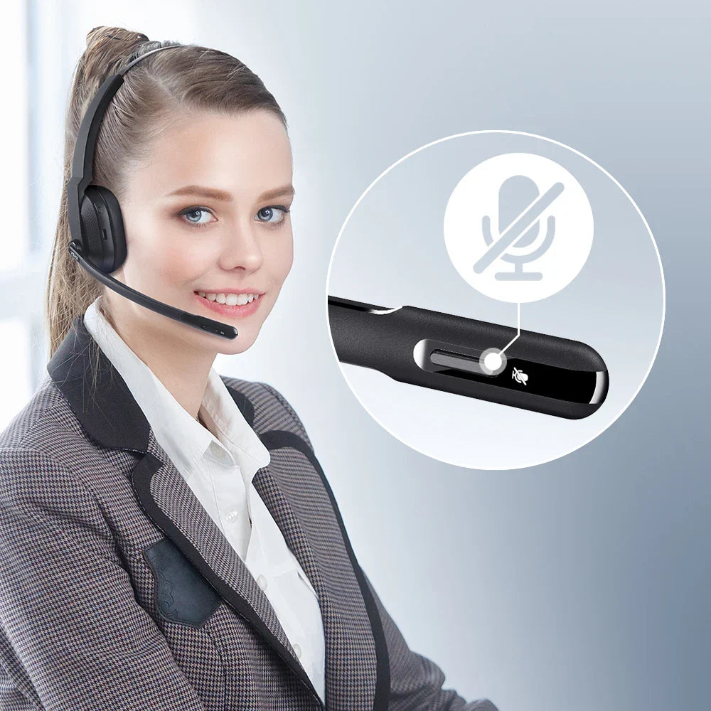 Wireless headset with microphone worn by a smiling customer service representative.