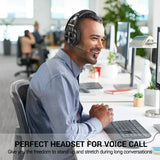 Wireless headset with microphone worn by a smiling office worker.