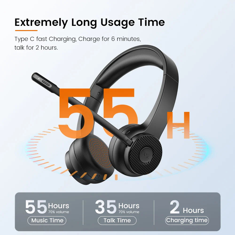 Wireless headset with an over-ear design and attached microphone boom.