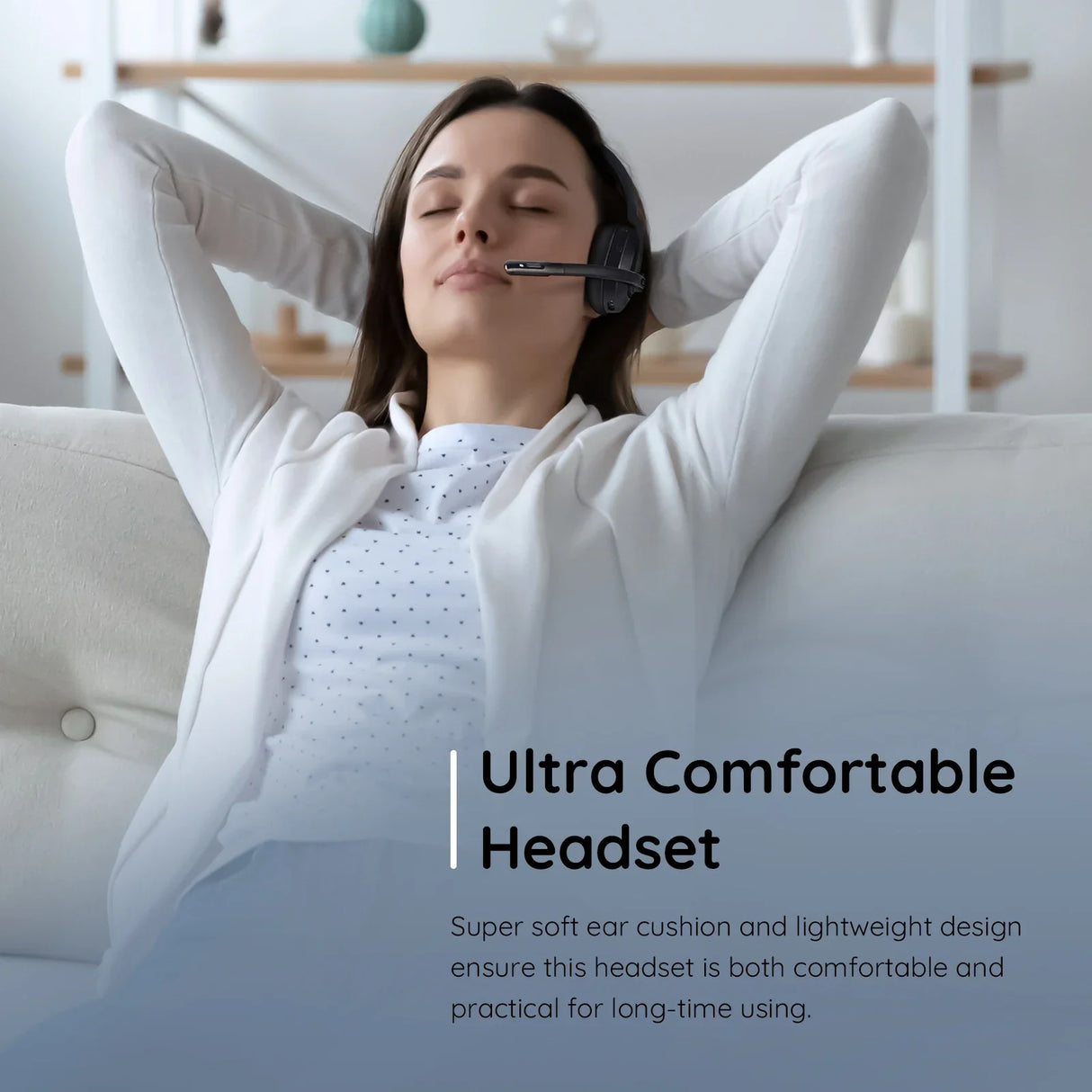 Wireless headset with a sleek design worn by a relaxed person.