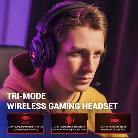 Wireless gaming headset with tri-mode connectivity worn by a person in purple lighting.