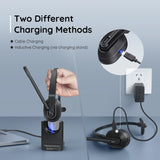 Wireless headset with two charging options: a stand for inductive charging and a cable for direct charging.