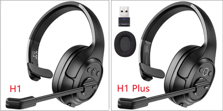 Wireless headsets with attached microphones, labeled H1 and H1 Plus.