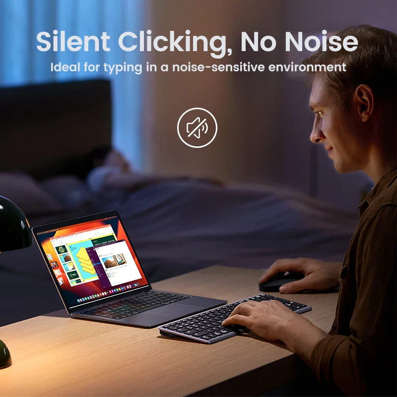 Wireless keyboard advertised for silent typing in quiet environments.