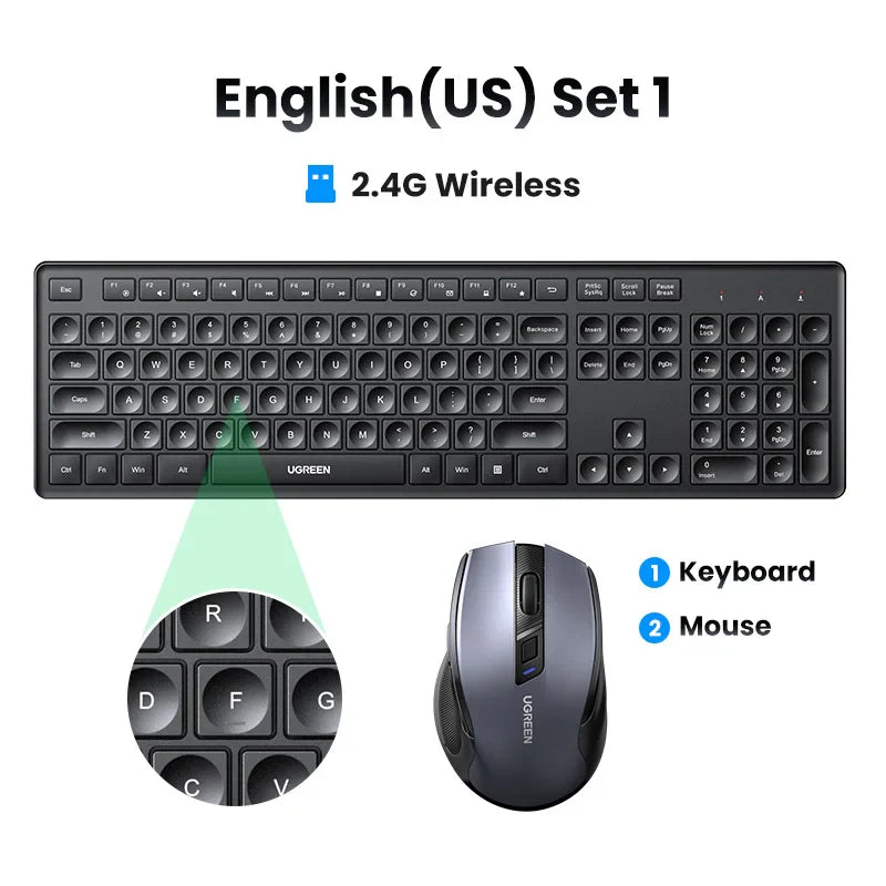 Wireless keyboard and mouse set with 2.4G connectivity for US English layout.