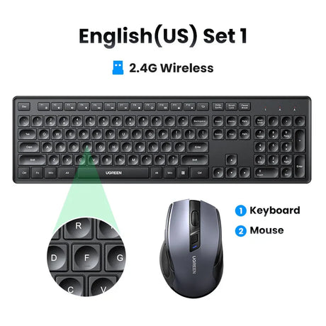 Wireless keyboard and mouse set with 2.4G connectivity for US English layout.