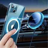 Wireless magnetic car phone mount with a compatible smartphone case demonstrating magnetic charging functionality.