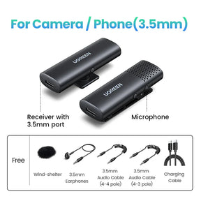 Wireless microphone system with receiver and transmitter units, plus included accessories.