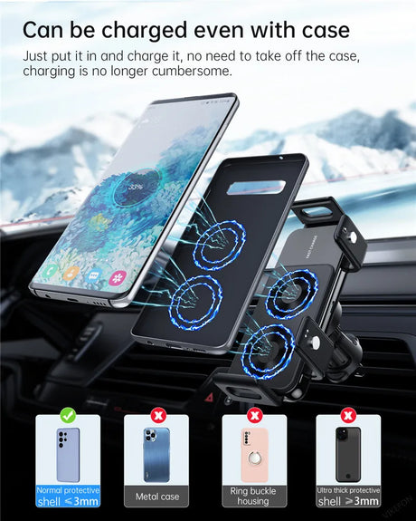 Wireless charging mount for smartphones that works with protective cases.