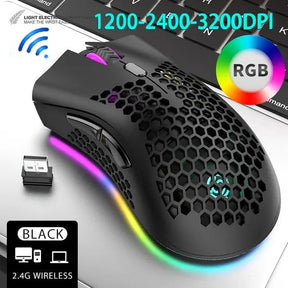Wireless gaming mouse with RGB lighting and honeycomb shell design.