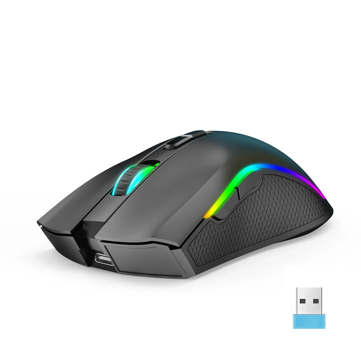 Wireless gaming mouse with RGB lighting and a USB receiver.