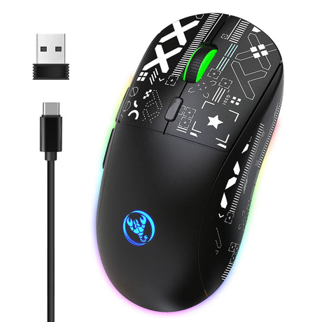 Wireless gaming mouse with RGB lighting and a patterned surface design.