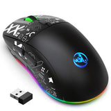 Wireless gaming mouse with RGB lighting and a customized design on its surface.