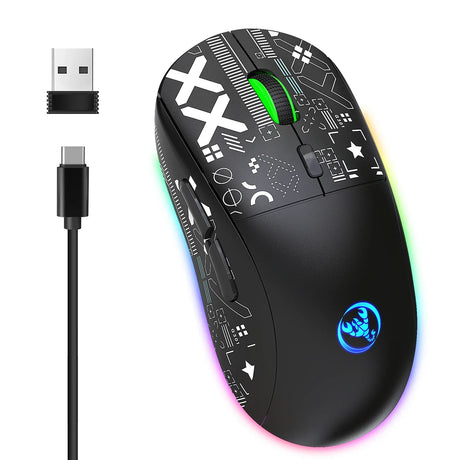 Wireless gaming mouse with RGB lighting and customizable buttons.