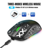 Wireless gaming mouse with RGB lighting and multiple connectivity modes.