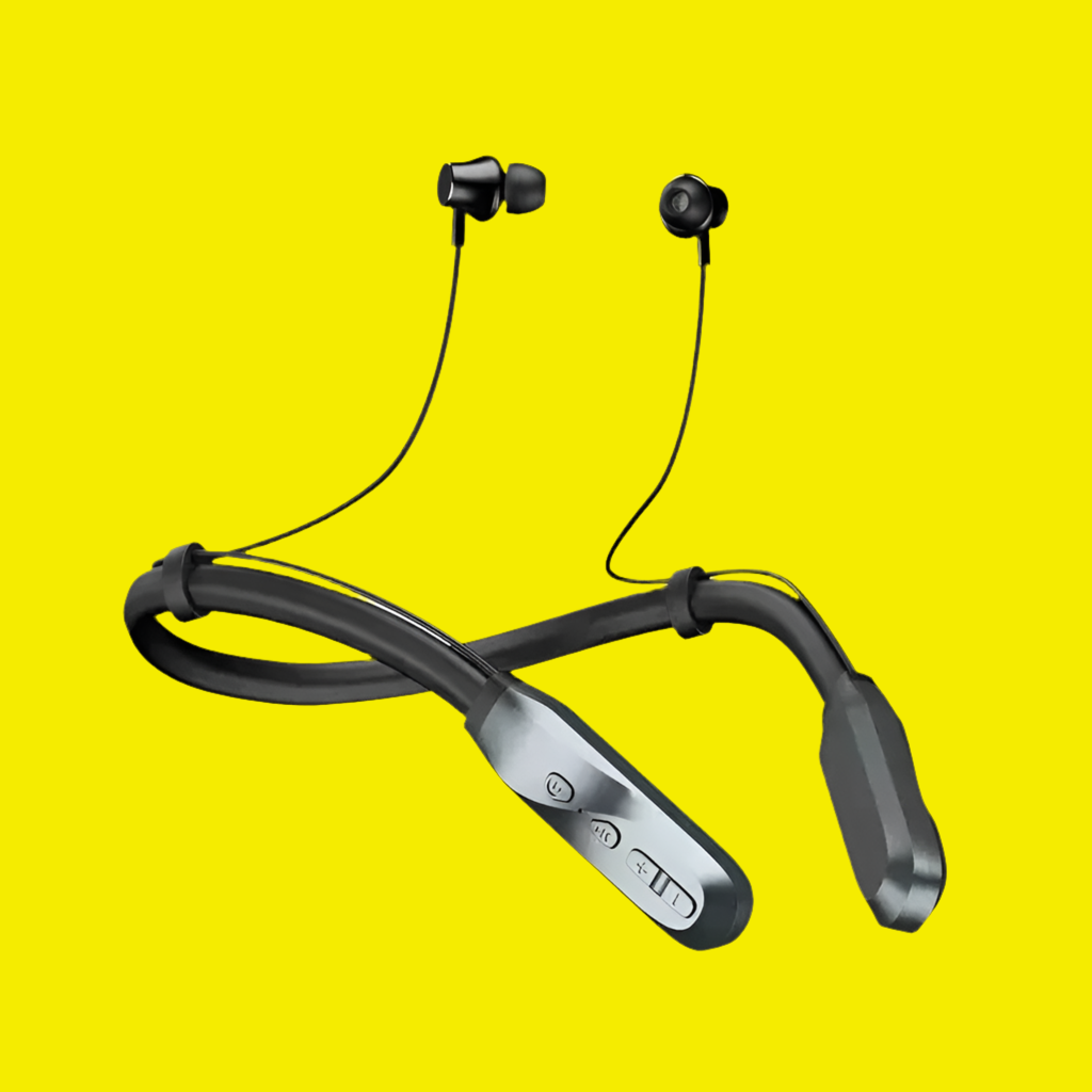 Wireless neckband earphones with a flexible collar design and in-ear buds.