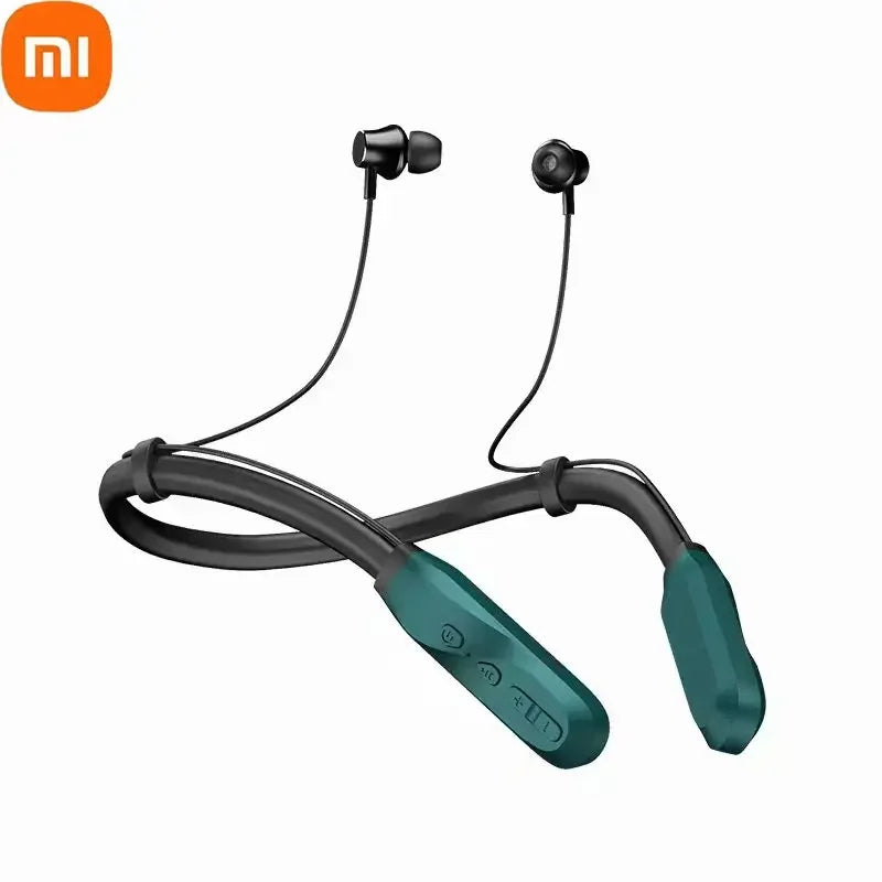 Wireless neckband earphones with a green and black design, featuring the Xiaomi logo.