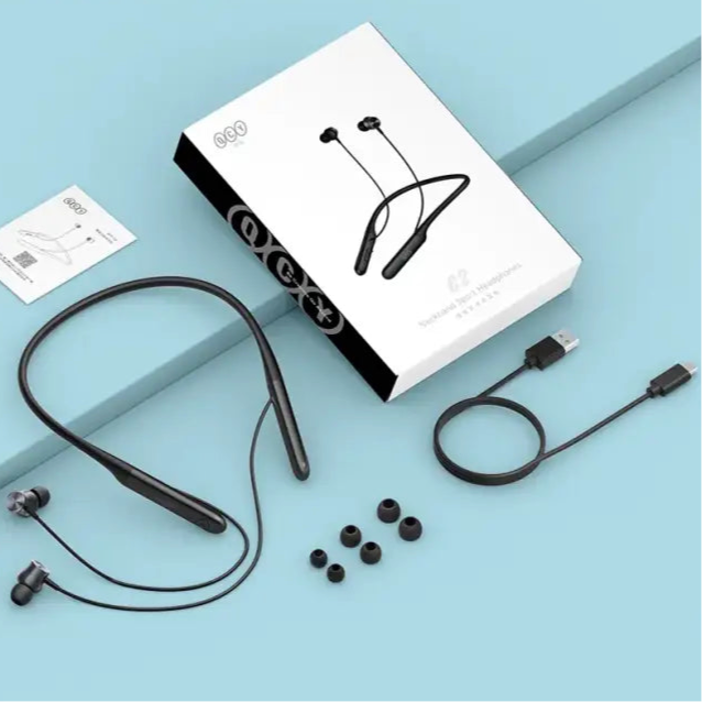 Wireless neckband earphones with their packaging and accessories.