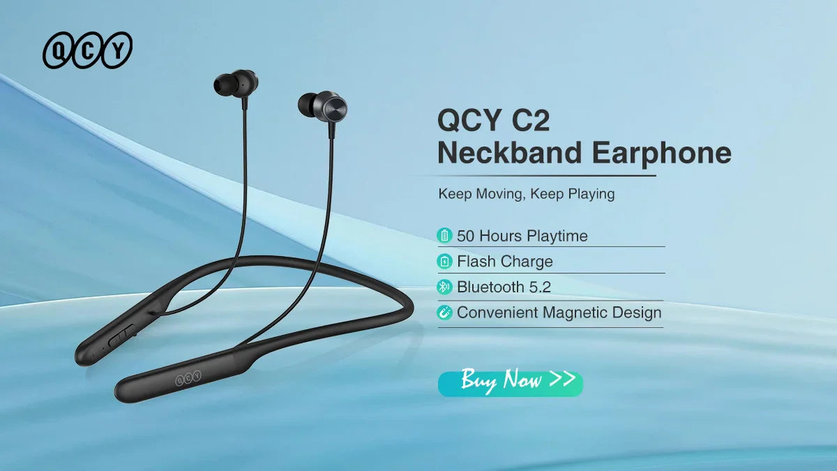 QCY C2 Wireless Bluetooth 5.2 Neckband Earphones - Sports TWS Noise Cancelling HiFi Stereo Dynamic Earbuds Earbuds Headphones