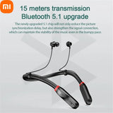 Wireless neckband-style Bluetooth earphones with attached earbuds.