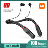 Wireless neckband-style earphones with a black and red design.