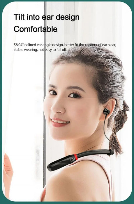 Wireless neckband-style earphones with a flexible band worn around the neck.